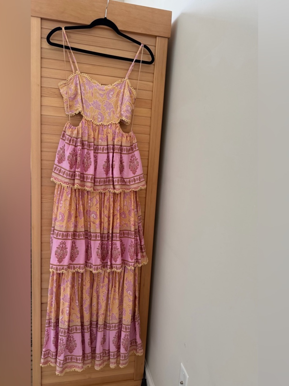 Pink & Yellow Tiered Maxi Dress with Spaghetti Straps